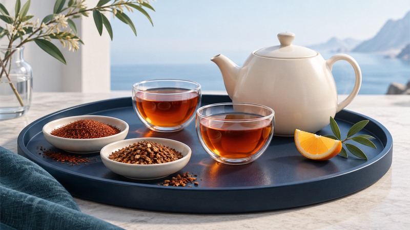Two amber herbal infusions, dishes of dried herbs and an ivory teapot on a navy tray.