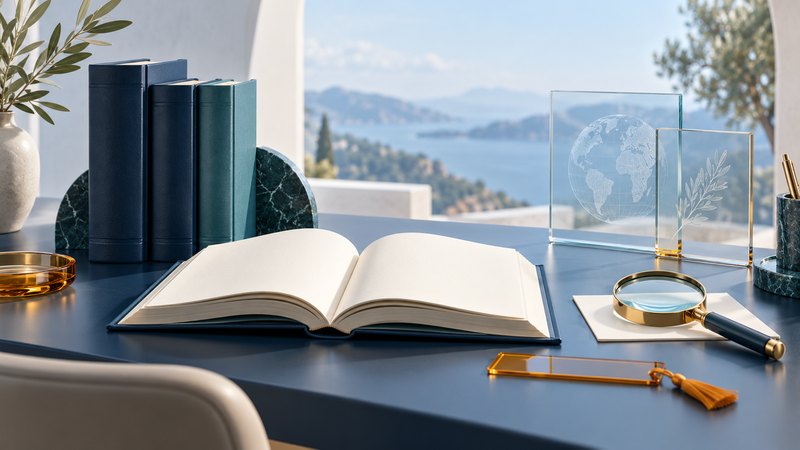 Open reference books, a magnifying glass, and glass index dividers on a calm ivory desk.