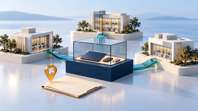 Three regional computer laboratory buildings linked by teal paths around a glass case holding a laptop and storage drives.