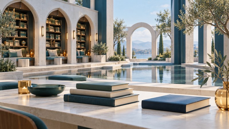 Books on a reading table beside a reflecting pool in an open library courtyard.