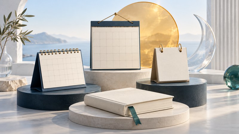 Three blank calendar formats and an ivory book arranged with a glass crescent and amber sun disc.