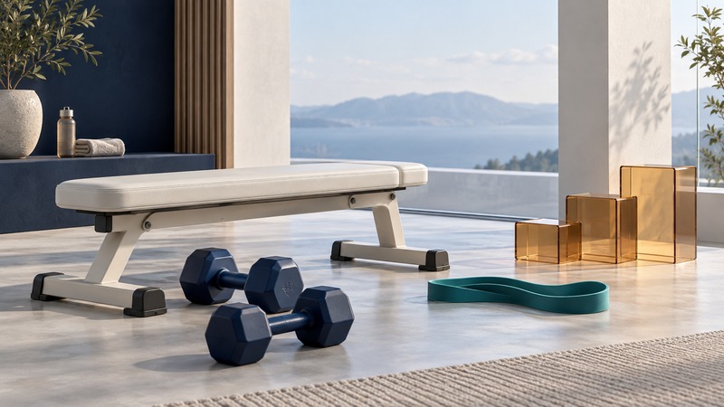 An ivory bench, navy dumbbells and a teal band sit beside three amber blocks.
