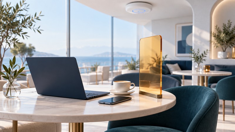 A cafe table holds a laptop, phone and coffee below an access point, with an amber glass panel representing sign-in.
