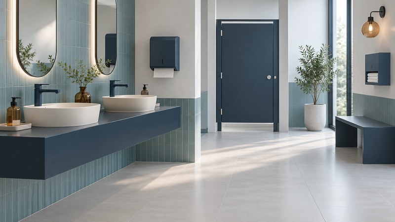 A conceptual public restroom with ivory basins, navy fixtures and dispensers, a stall door and a clear central floor.