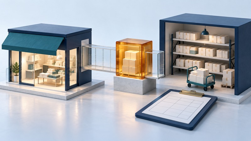 A miniature store and stockroom are connected by glass, with cartons, a teal cart and a planning clipboard.
