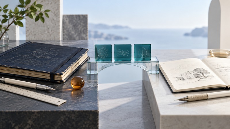 Two notebooks and sets of tools are connected by a glass bridge carrying teal knowledge tiles.