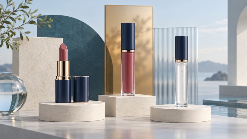 A rose lipstick bullet, closed berry liquid lip color and clear gloss on separate ivory plinths.