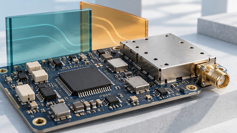 An RF circuit board contains integrated circuits, filters, a shielded compartment and an antenna connector.