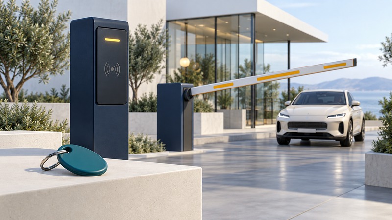 A teal key fob rests beside a navy access reader and a vehicle waiting at a facility gate.