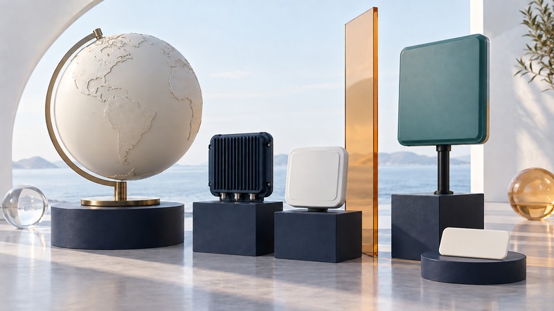 An ivory globe, several reader components and a plain sample tag sit on navy plinths separated by an amber glass panel.
