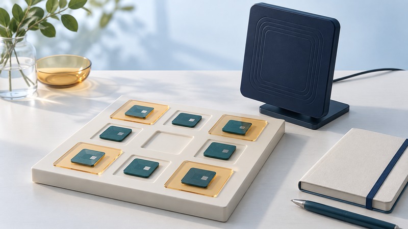 A three-by-three test board holds teal tag samples and amber markers beside a navy reader and notebook.