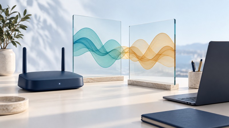 A navy access point and laptop stand beside glass panels carrying teal and amber waves.