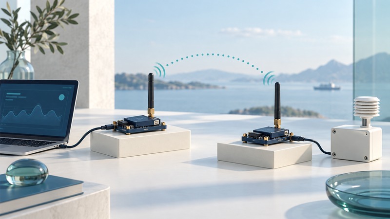 Two radio modem boards with antennas connect a laptop and sensor enclosure across a conceptual wireless link.