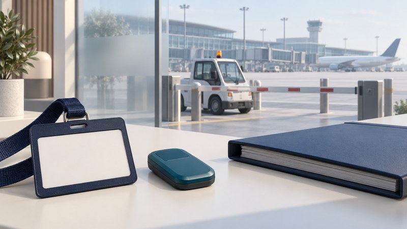 A blank badge holder and vehicle transponder sit before a generic airport service vehicle barrier.