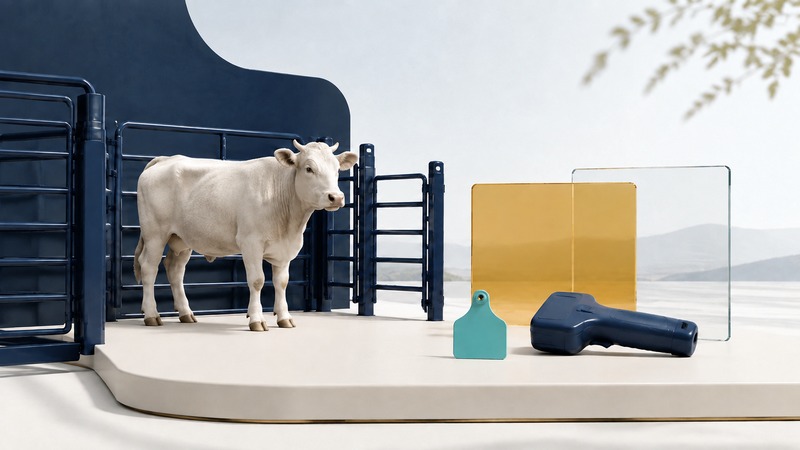 An ivory cow stands beside navy livestock rails, with a separate blank teal ear tag and handheld reader on a foreground plinth.