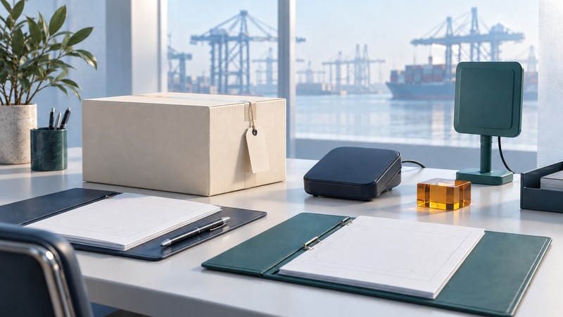 A tagged carton, reader, antenna and technical folders sit on a procurement desk with a distant port silhouette.