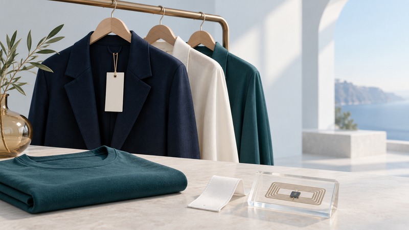 Navy, ivory and teal clothing hangs above a folded shirt, sample care label and conceptual inlay.