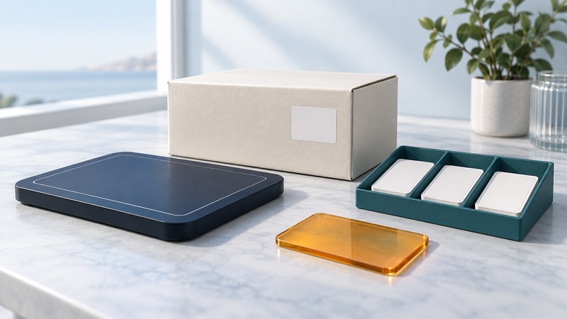 An ivory carton, reader pad and tray of sample labels on an acceptance bench.