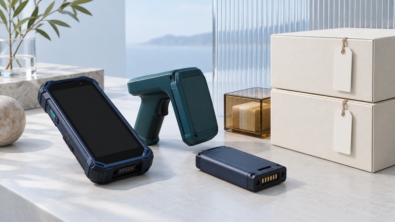 A rugged navy mobile computer, separate teal reader grip and spare battery sit beside two tagged cartons and an amber records cube.