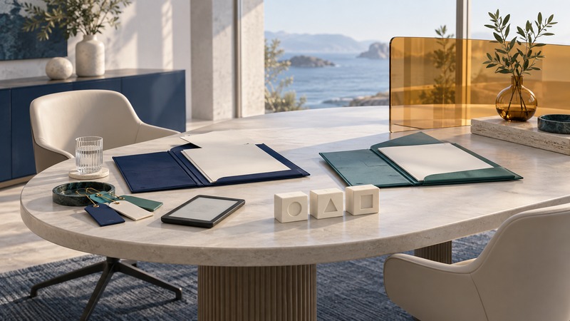 Two open project folders, sample tags, a small reader and three milestone blocks sit on a meeting table.