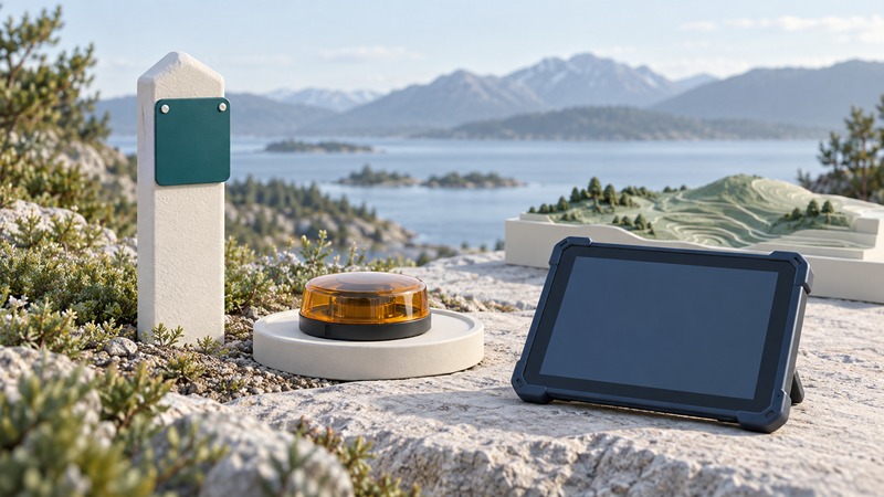 A marker stake, separate amber electronic-marker sample and rugged tablet sit beside a small terrain model.