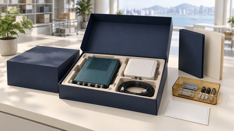 An RFID reader, antenna and cable arrive in fitted packaging beside supplier folders and spare parts.