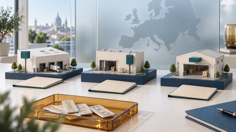 Three miniature warehouse sites have separate equipment folders before a frosted European map.