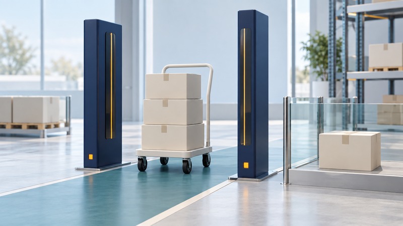 A carton cart passes between navy reader panels while another carton remains outside the travel lane.
