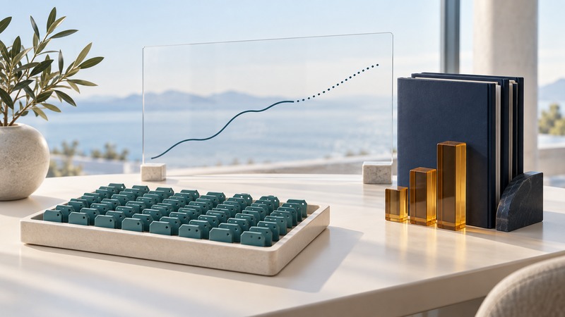 Tag-chip tiles, report folders and amber bars sit beside a glass panel with a solid line and dotted continuation.