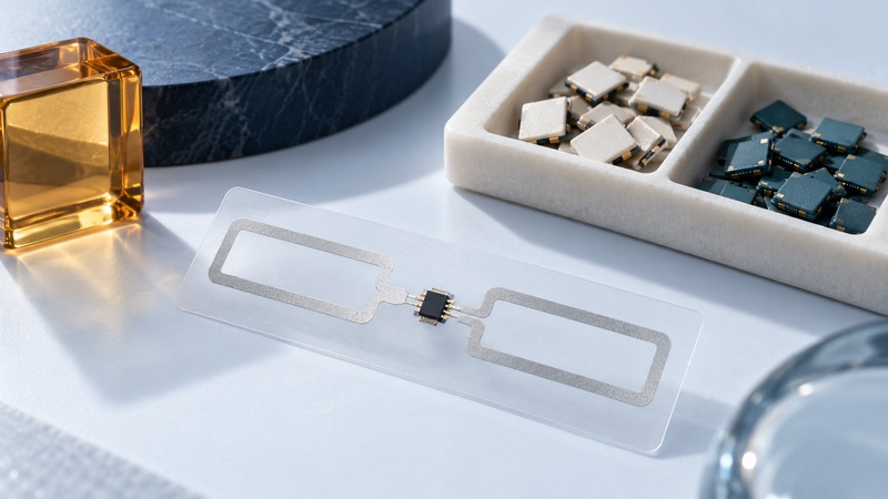 A magnified conceptual RFID inlay has a central dark chip and silver antenna beside a tray of ivory and teal chip packages.