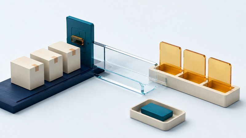 Ivory cartons beside a teal reader connect conceptually through glass to separate amber record tiles.