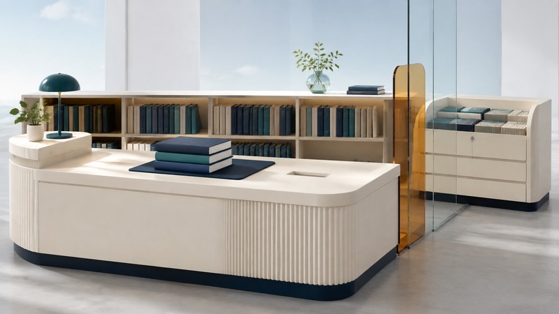 Three blank books rest on a library checkout pad beside an ivory counter, shelves and a separate record drawer.