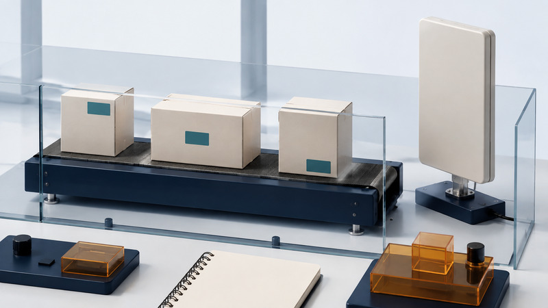 Three ivory cartons with teal labels in different positions pass a panel antenna on a miniature navy conveyor behind glass.