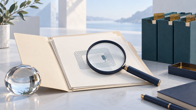 A magnifying glass rests over a simple RFID antenna drawing on blank papers beside teal research folders.
