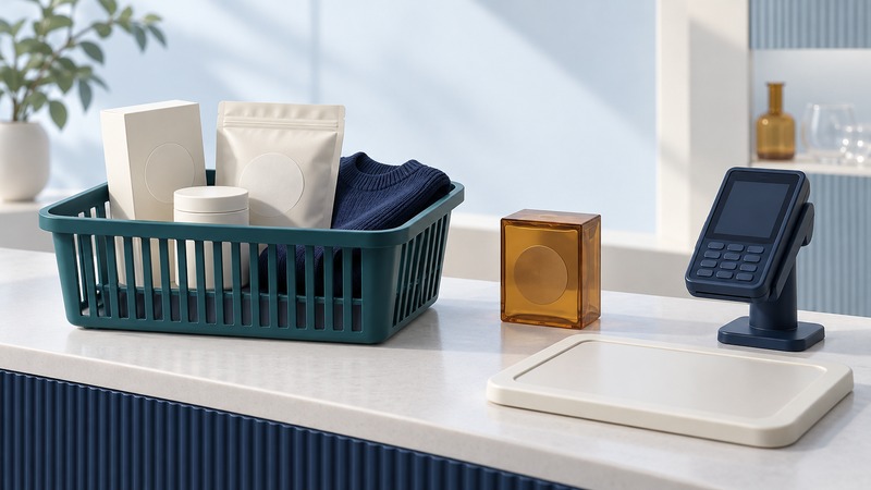 A teal basket holds packaged goods and a folded garment beside a separate amber package, payment terminal and item-reading tray.