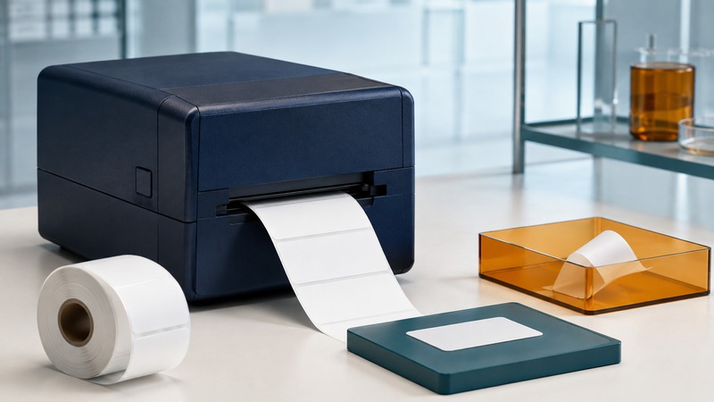 A navy label printer feeds blank labels beside a teal inspection pad and amber rejected-label tray.
