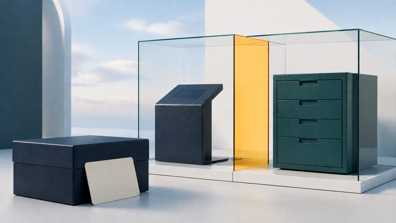 An ivory label beside a navy box faces separate glass compartments containing a reader pedestal and a teal record cabinet.