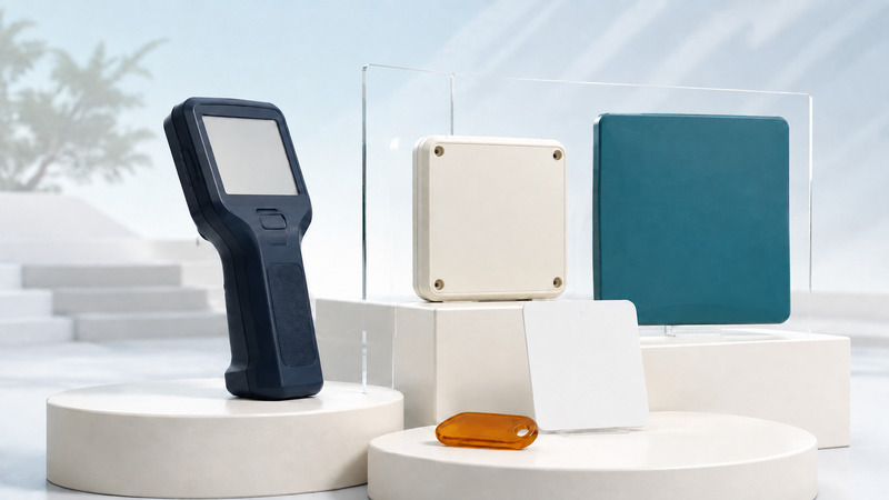 A navy handheld reader, ivory fixed reader housing, teal panel antenna, blank card and amber tag on separate ivory plinths.