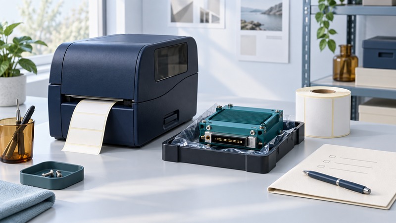 An industrial label printer sits beside a disconnected electronics module, blank labels and a planning folder.