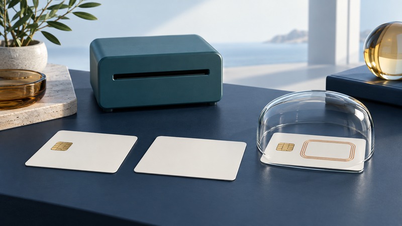 Three blank smart cards show contact, contactless and conceptual dual-interface constructions beside a teal reader.