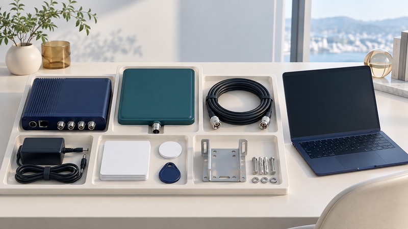 A reader, antenna, cable, power adapter, tag samples, mounting parts and laptop are arranged in separate compartments.