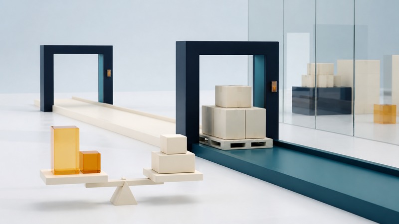 A miniature warehouse receiving lane and pallet stand beside a second lane and a conceptual balance of ivory and amber blocks.