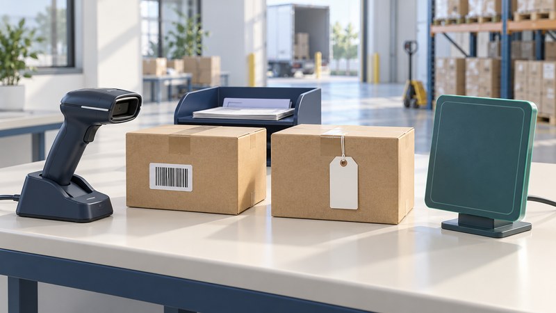 An optical scanner and separate RFID reader stand beside two cartons and a shared records tray.