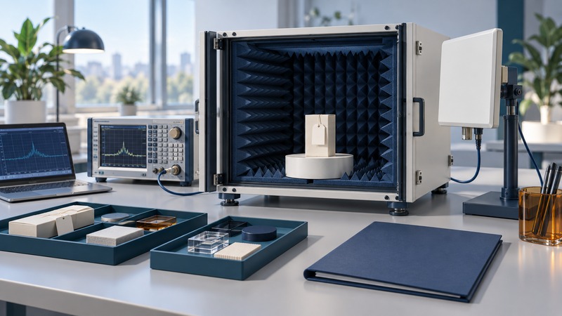 A tagged package sits in an absorber-lined laboratory enclosure beside an antenna and report folder.