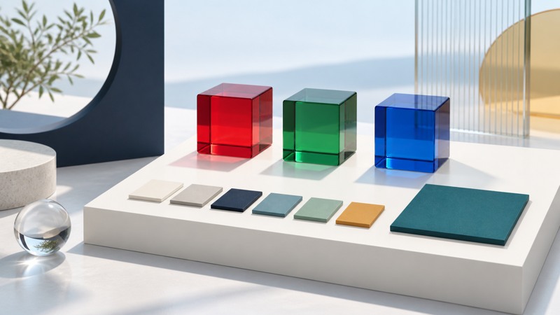Red, green, and blue glass blocks stand beside neutral and teal color swatches.