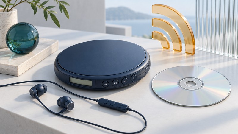 A conceptual round CD player beside a compact disc, wired earbuds and an inline remote.