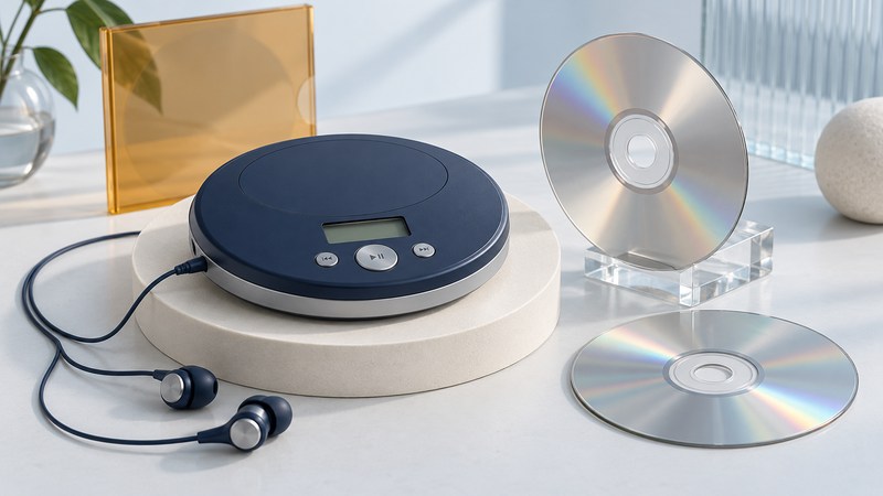 A conceptual portable CD player with two compact discs and wired earbuds.