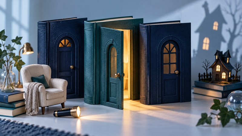 Three blank books become miniature doorways beside a reading chair and flashlight, with a gently spooky house in the background.