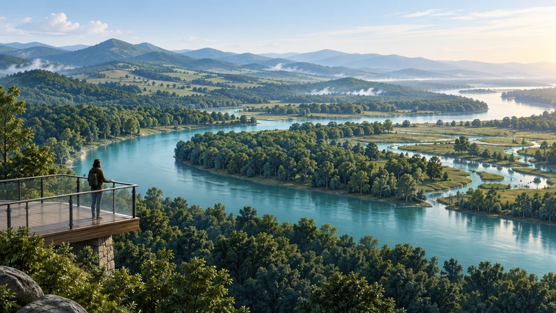 An imagined river landscape connects distant uplands to broad meanders, wooded floodplain and a viewing platform.