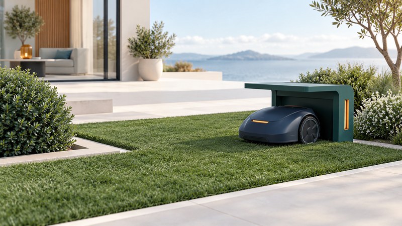 A compact navy robotic mower parked by a teal shelter on a landscaped lawn.